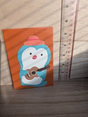 penguin pink hat playing ukulele Stand Up Card Cute Orange Envelope New NWT